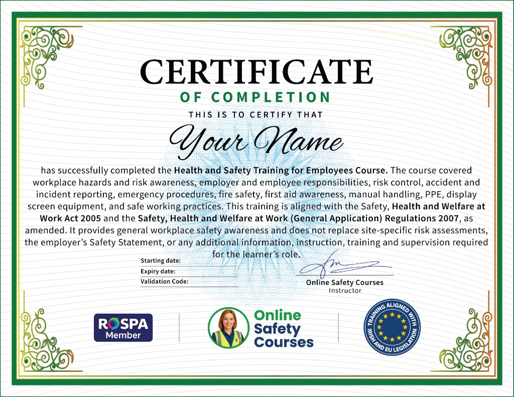 Health and Safety Training for Employees Certificate Example, CPD Certified, HSA Aligned, Online Safety Courses