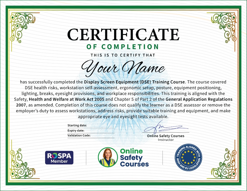 Display Screen Equipment (DSE) Certificate Ireland, CPD Certified Online Course