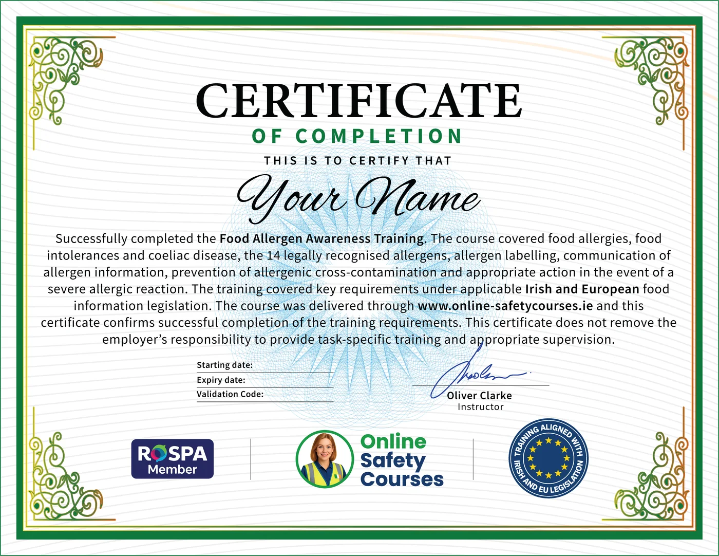 Food Allergen Awareness certificate from Online Safety Courses: accredited Food Allergen Awareness Course online with instant download