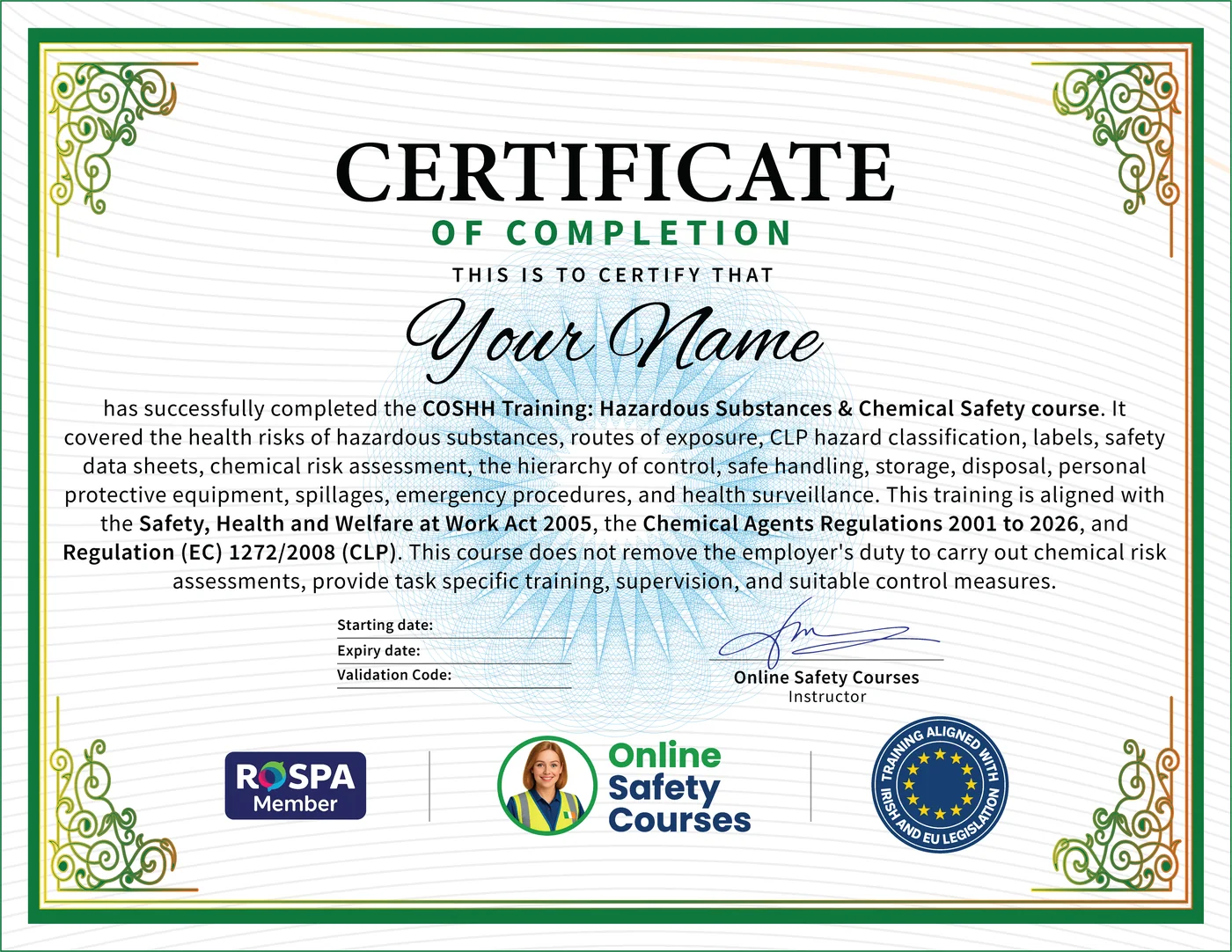 COSHH certificate from Online Safety Courses: accredited COSHH Training Course online with instant download