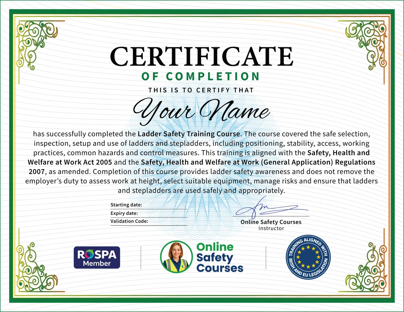 Ladder Safety certificate from Online Safety Courses: accredited Ladder Safety Course online with instant download