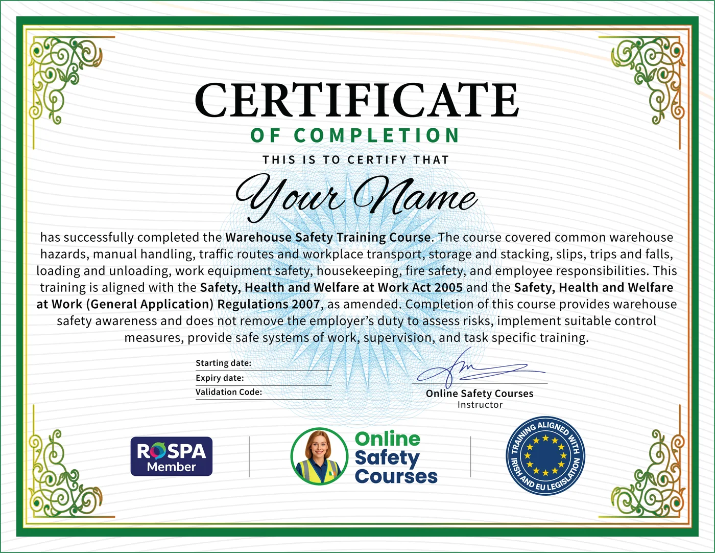 Warehouse Safety certificate from Online Safety Courses: accredited Warehouse Safety Course online with instant download