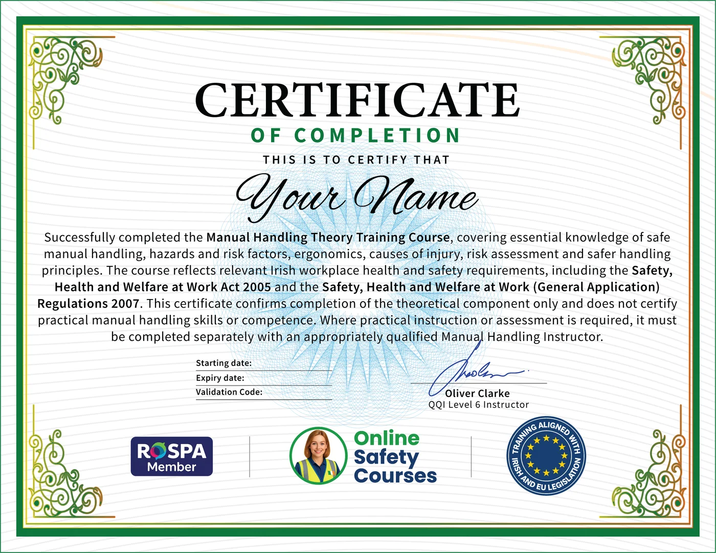 Manual Handling Theory certificate from Online Safety Courses: accredited Manual Handling Theory Course online with instant download