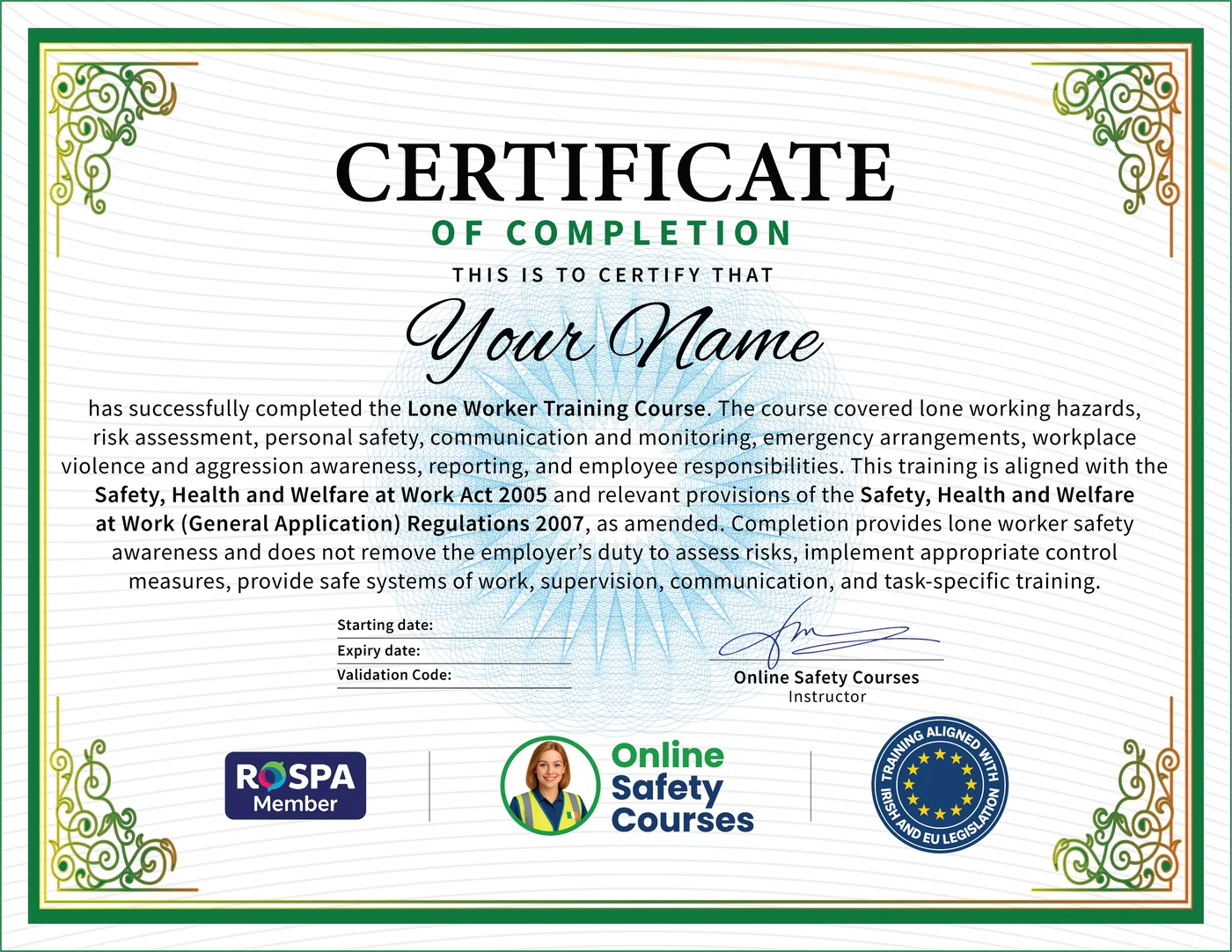 Lone Worker certificate from Online Safety Courses: accredited Lone Worker Training Course online with instant download