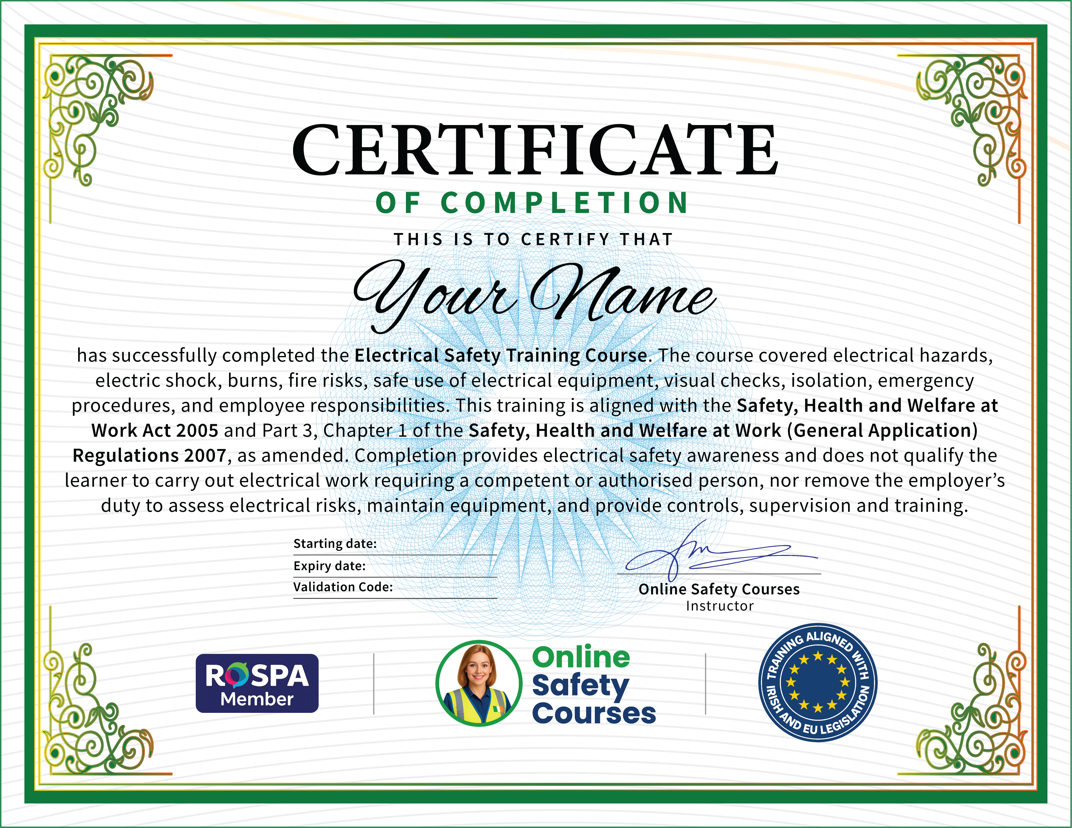 Electrical Safety certificate from Online Safety Courses: accredited Electrical Safety Training Course online with instant download
