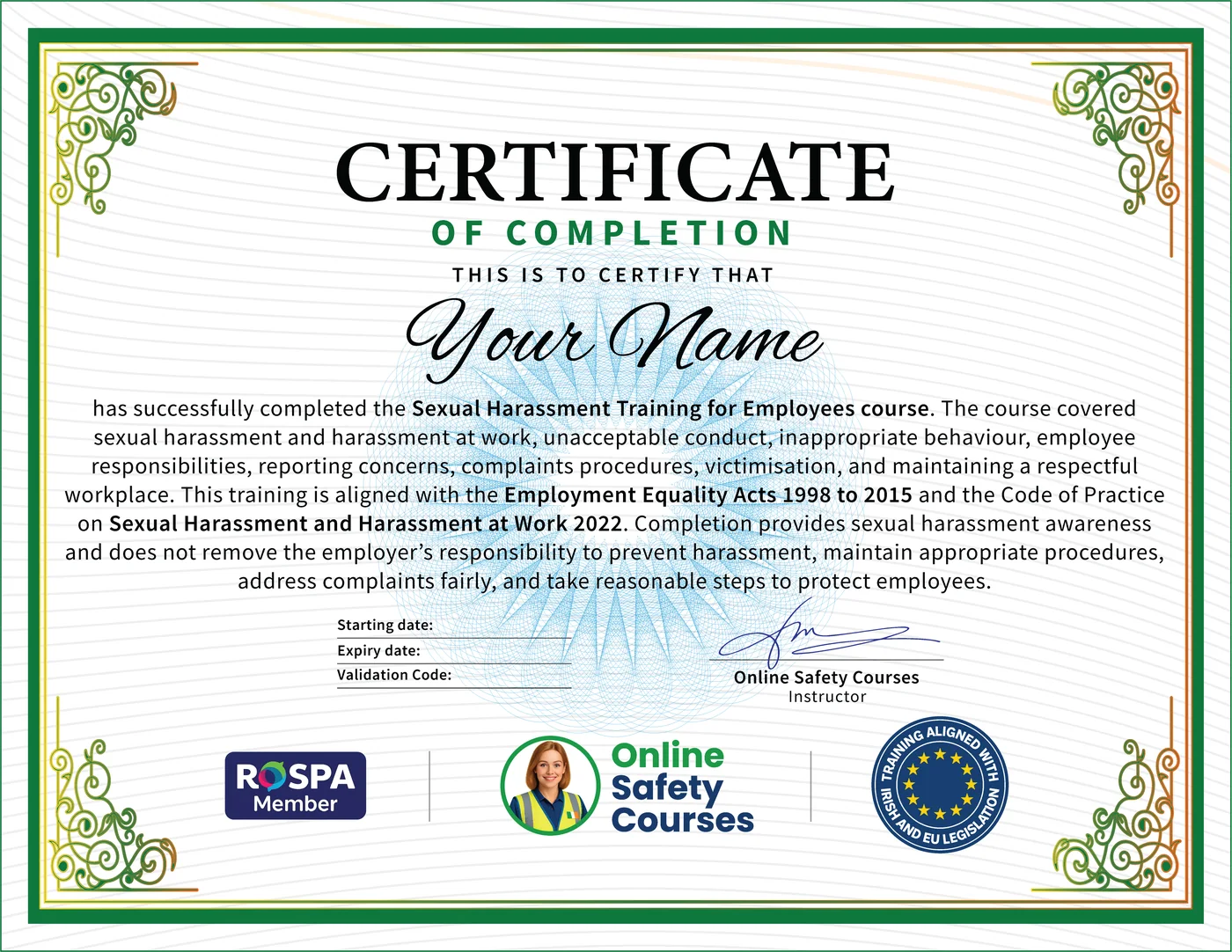 Sexual Harassment Training certificate from Online Safety Courses: accredited Sexual Harassment Training for Employees online with instant download