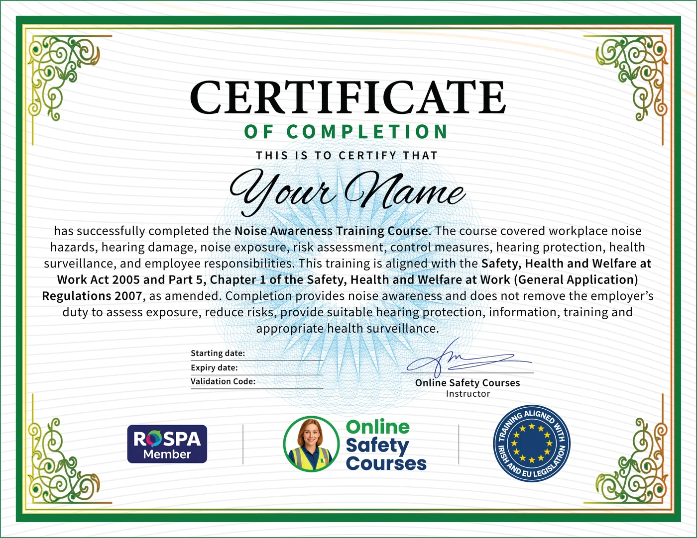 Noise Awareness Training certificate from Online Safety Courses: accredited Noise Awareness Training Course online with instant download