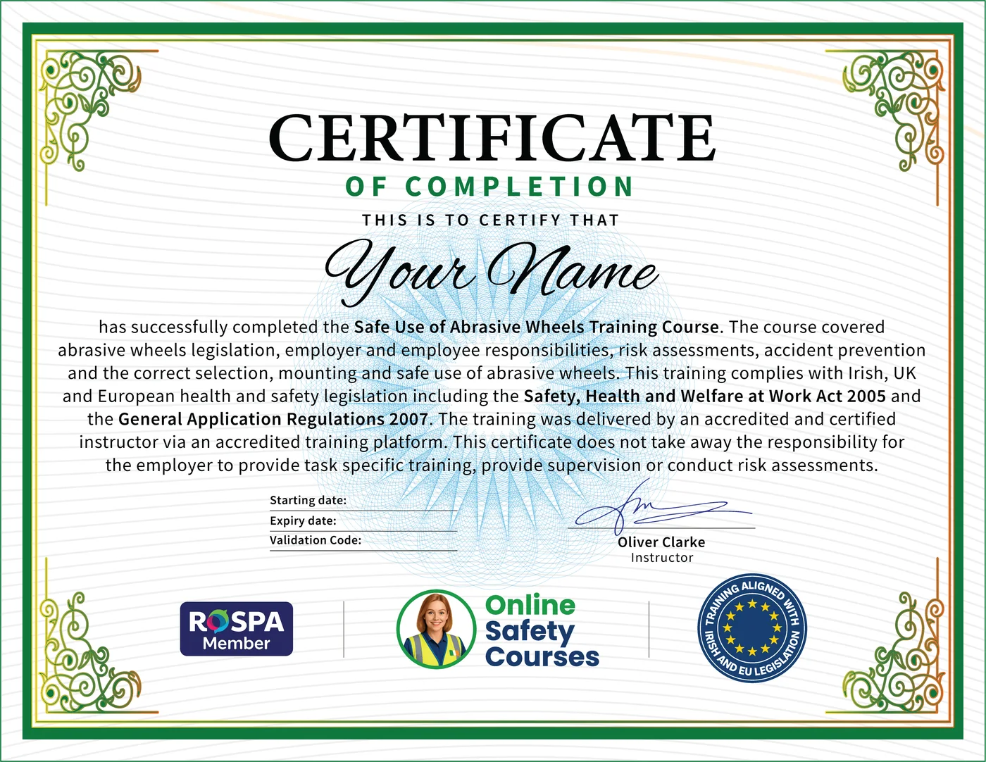 Abrasive Wheels certificate from Online Safety Courses: accredited Abrasive Wheels Course online with instant download