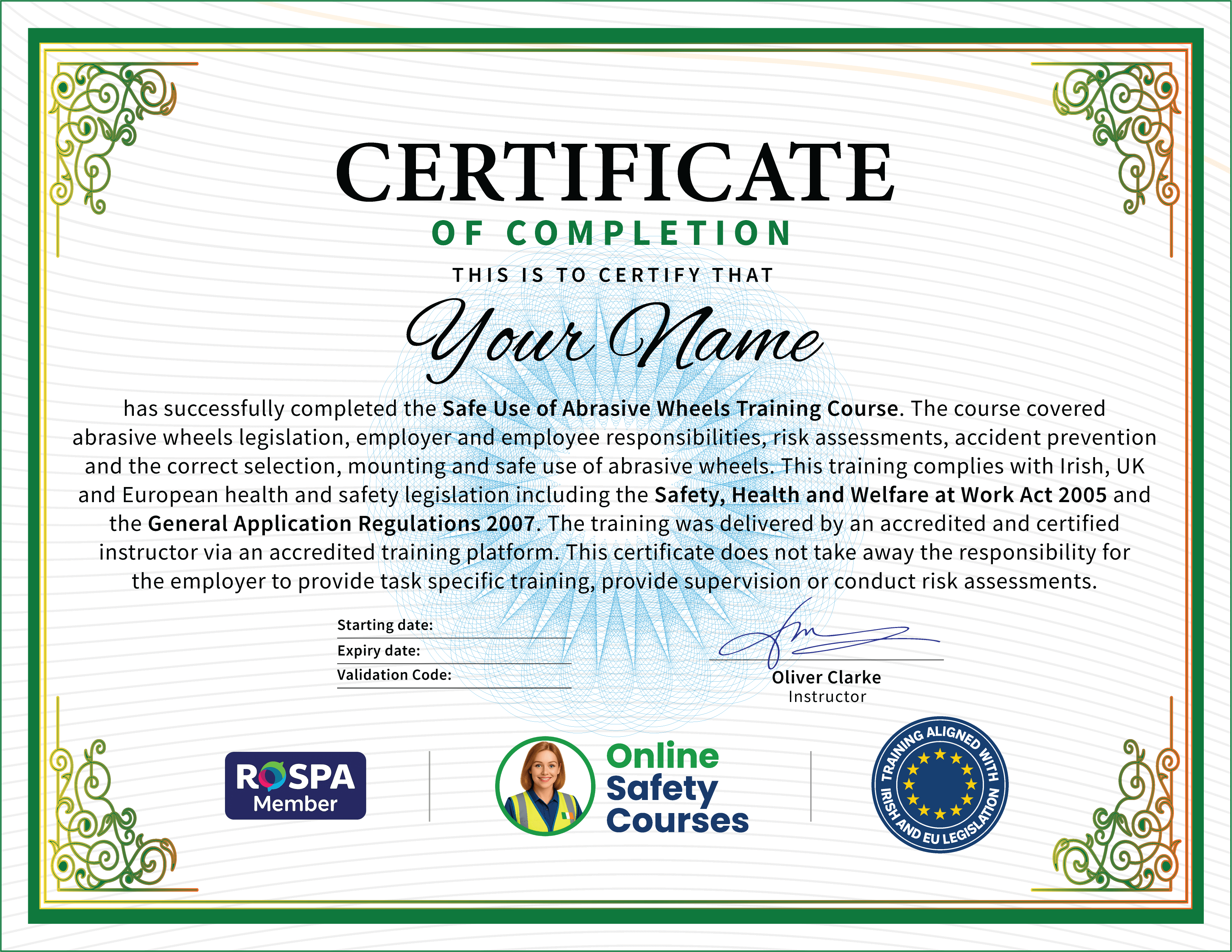 Abrasive Wheels Certificate Example - CPD Accredited, RoSPA Approved, Online Safety Courses