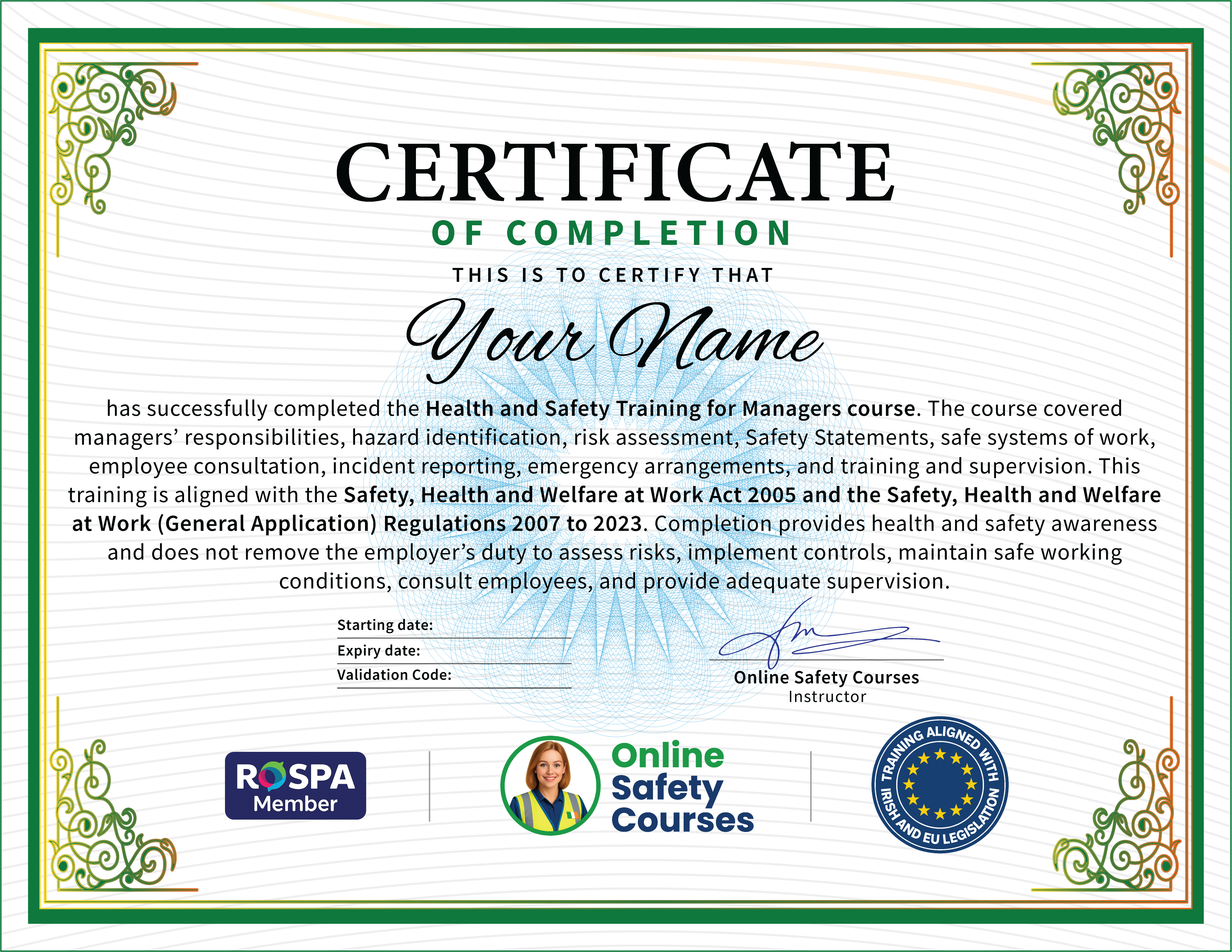 Health and Safety for Managers certificate from Online Safety Courses: accredited Health and Safety Training for Managers online with instant download
