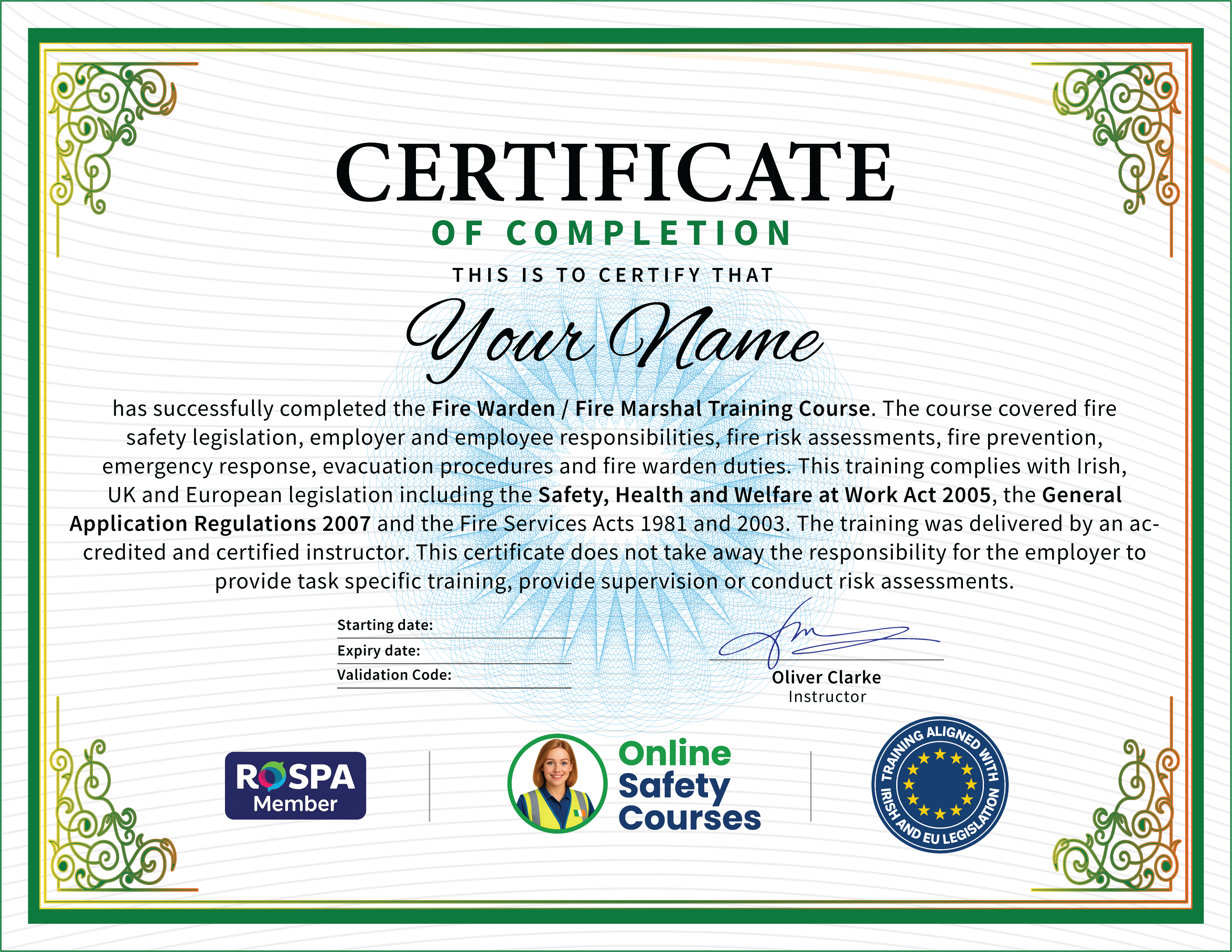 Fire Warden Certificate Example - CPD Accredited, RoSPA Approved, Online Safety Courses