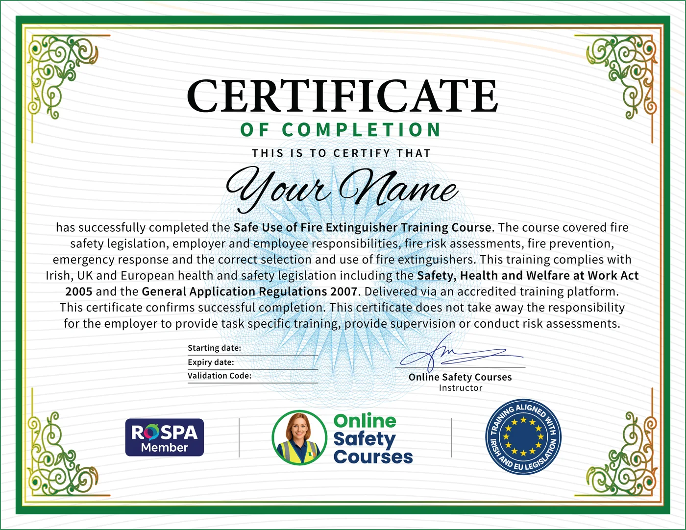 Fire Extinguisher certificate from Online Safety Courses: accredited Fire Extinguisher Course online with instant download