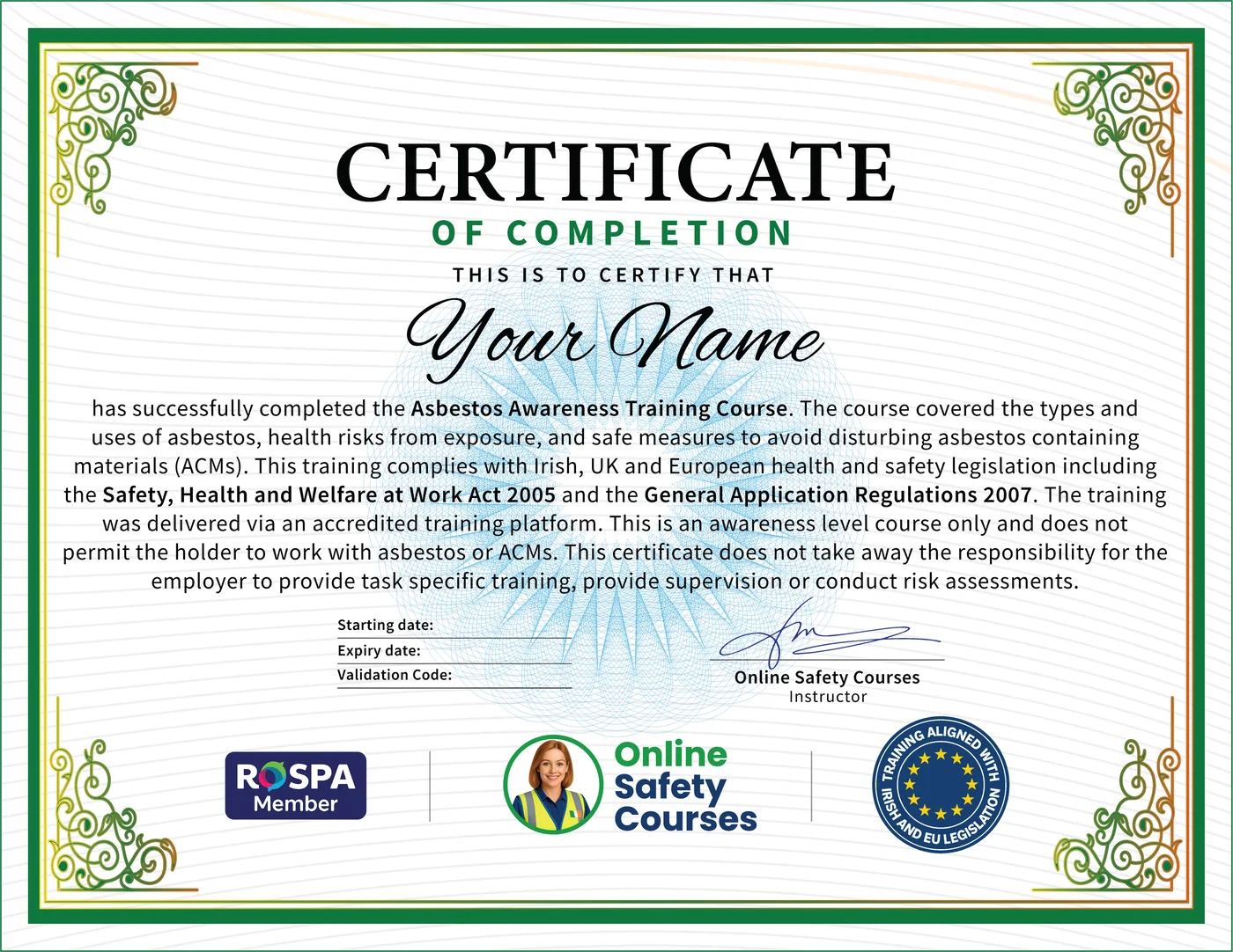 Asbestos Awareness certificate from Online Safety Courses: accredited Asbestos Awareness Course online with instant download