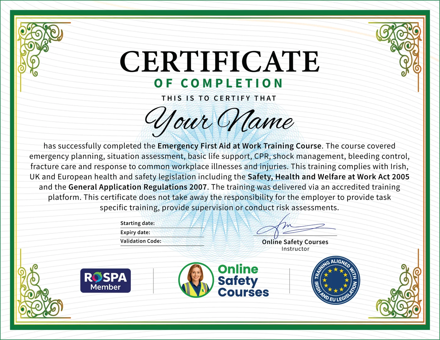 Emergency First Aid certificate from Online Safety Courses: accredited Emergency First Aid Course online with instant download