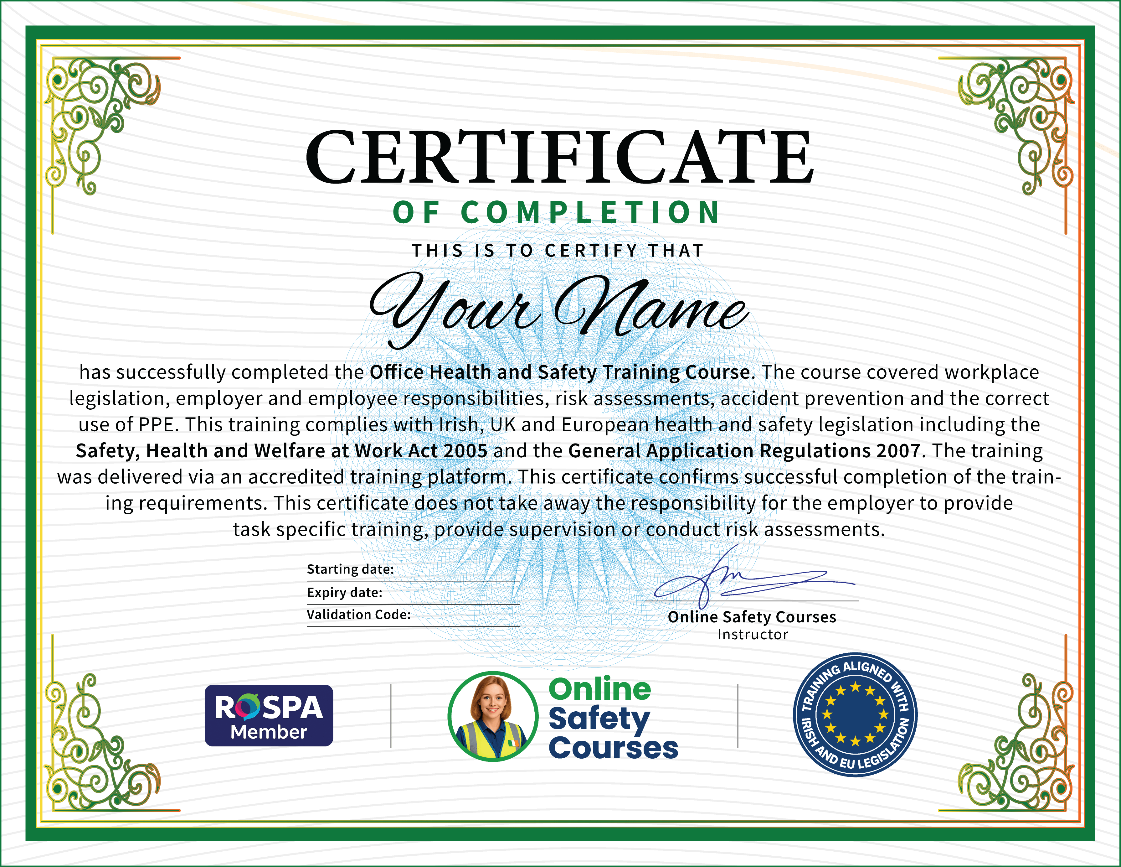 Office Safety Certificate Example - CPD Accredited, RoSPA Approved, Online Safety Courses