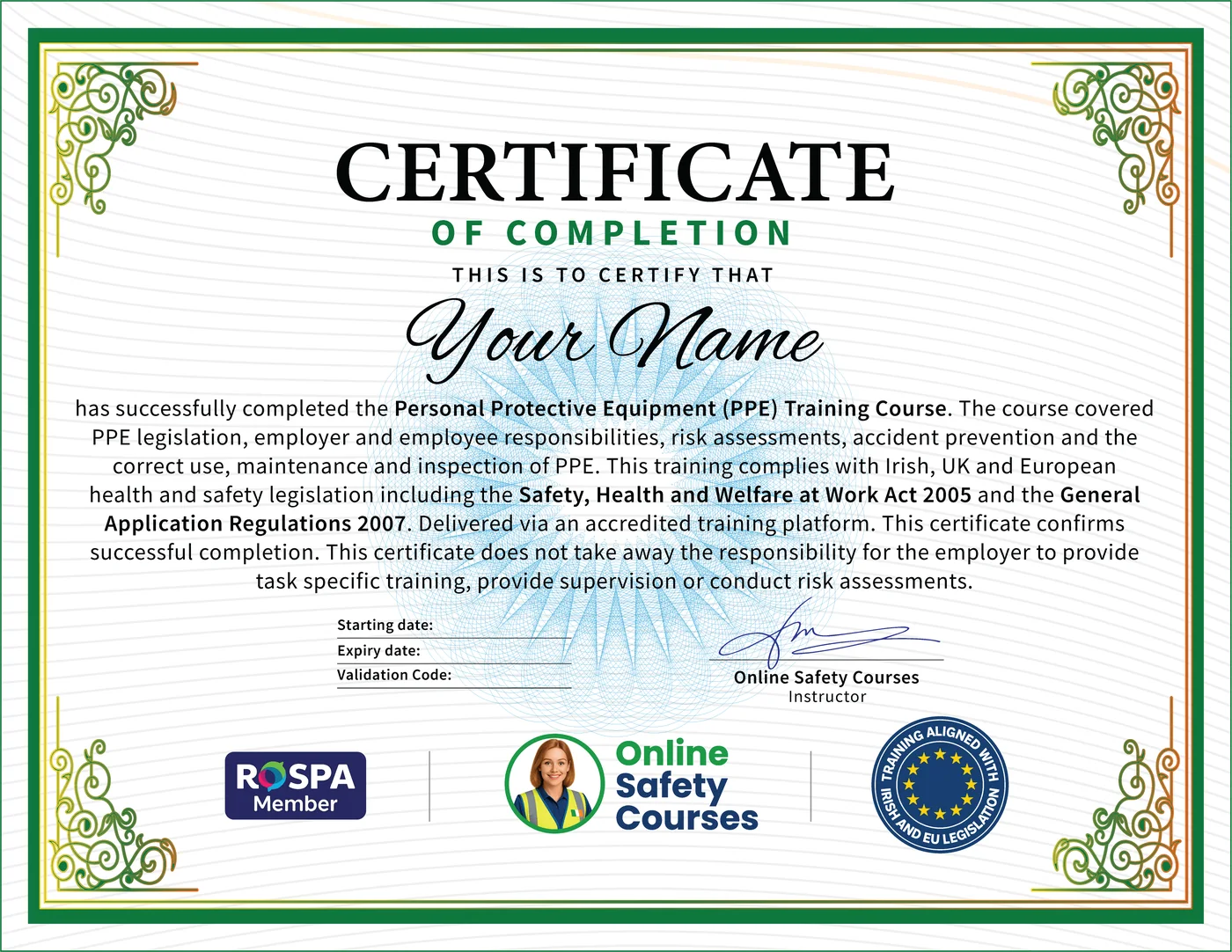 PPE certificate from Online Safety Courses: accredited PPE Training Course online with instant download
